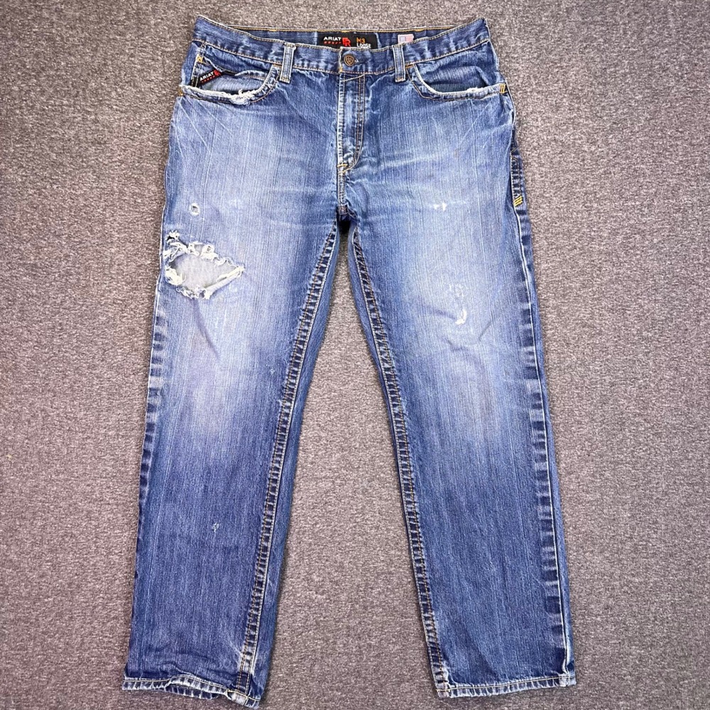 Ariat FR M3 Loose Jeans Men 37x31 Blue Distressed Flame Resistant Workwear Denim